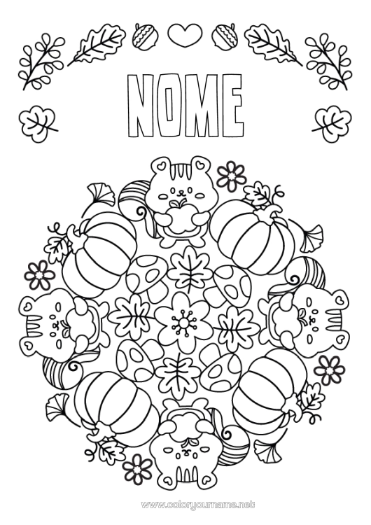 Página de desenho para imprimir Abóbora Flores Mandala Esquilo Cogumelo Frutas Animais Da Floresta Maçã