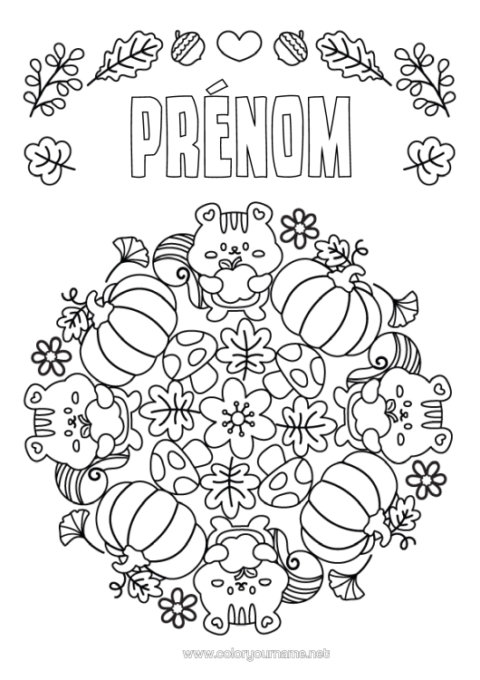 Coloriage à imprimer Citrouille Fleurs Mandala Écureuil Champignon Fruits Animaux De La Forêt Pomme