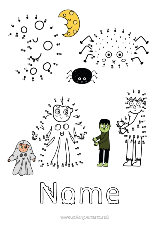 Pagina da colorare da stampare Fantasma Ragno Halloween Attività Per Bambini Luna Insetti Zombie Unisci I Numeri