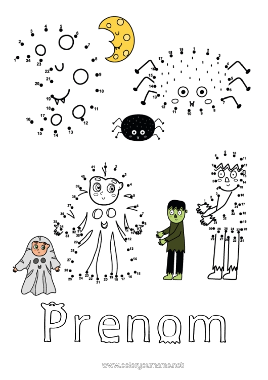 Coloriage à imprimer Fantôme Araignée Halloween Activités Enfants Lune Insectes Zombie Nombres À Relier