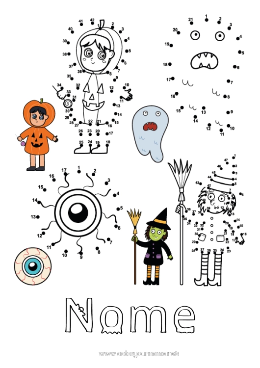 Página de desenho para imprimir Fantasma Abóbora Bruxa Halloween Jack O'lantern Atividades Para Crianças Olho Ligue Os Números