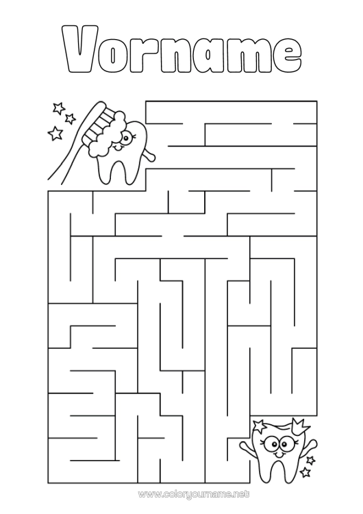 Malvorlage zum Ausdrucken Kinderaktivitäten Milchzahn Labyrinth Zahnbürste