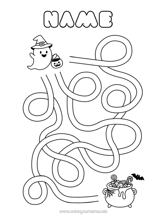 Colouring page to print Ghost Magic Cauldron Halloween Maze