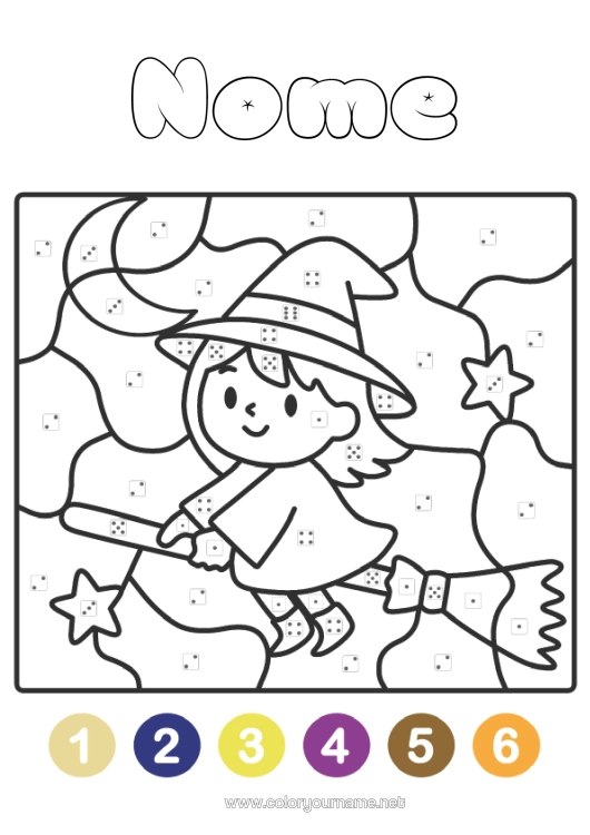 Página de desenho para imprimir Vassoura Bruxa Halloween Colorir Por Números Lua Colorir Por Números Com Dado