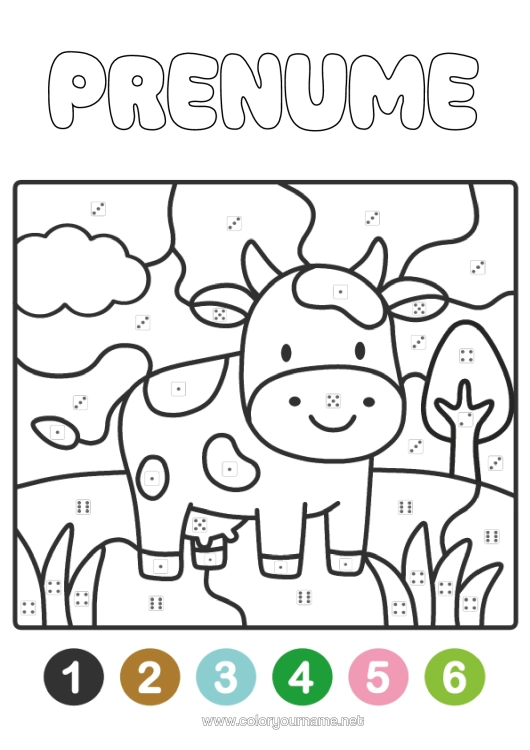 Pagină de colorat de imprimat Desene Magice De Colorat Animal Vacă Desene De Colorat Ușoare Animale De Fermă Colorare După Numere Cu Un Zar.