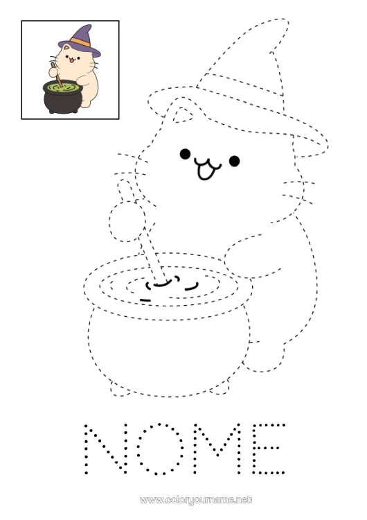 Página de desenho para imprimir Caldeirão Mágico Gato Halloween Kawaii Desenhos Para Colorir Fáceis Rastreie E Pinte Cães E Gatos