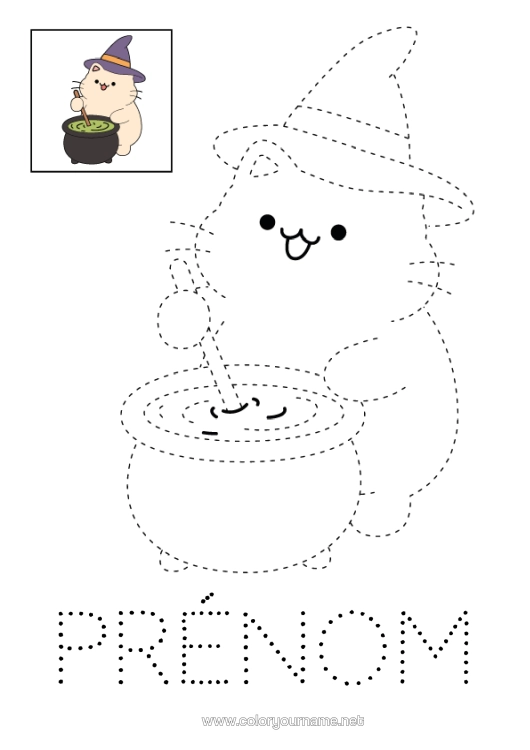 Coloriage à imprimer Chaudron Magique Chat Halloween Kawaii Coloriages Faciles Trace Et Colorie Chiens Et Chats