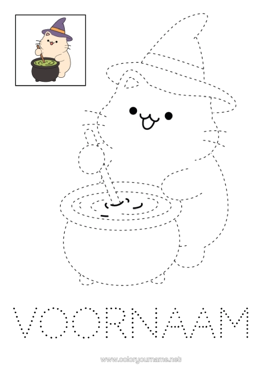 Kleurplaat om af te drukken Toverketel Kat Halloween Kawaii Eenvoudige Kleurplaten Trace Et Colorie Honden En Katten