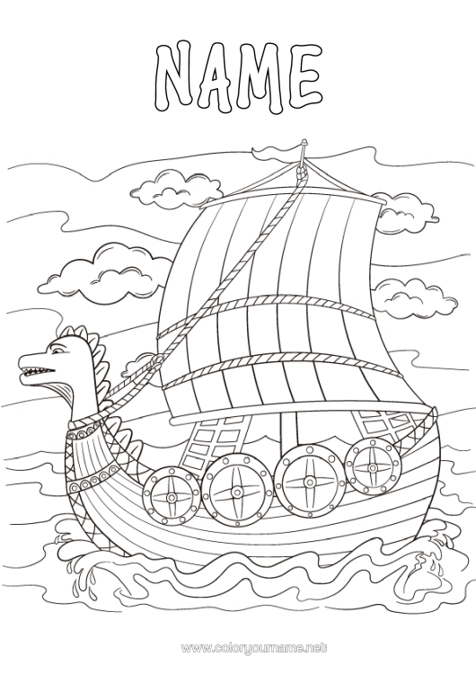 Coloring page to print Boat Maritime Vehicles Historical Or Vintage Vehicles Viking Drakkar Viking Ship