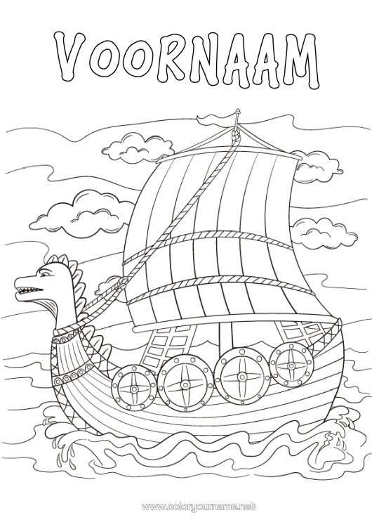 Kleurplaat om af te drukken Boot Maritieme Voertuigen Historische Of Vintage Voertuigen Viking Drakkar Viking Schip