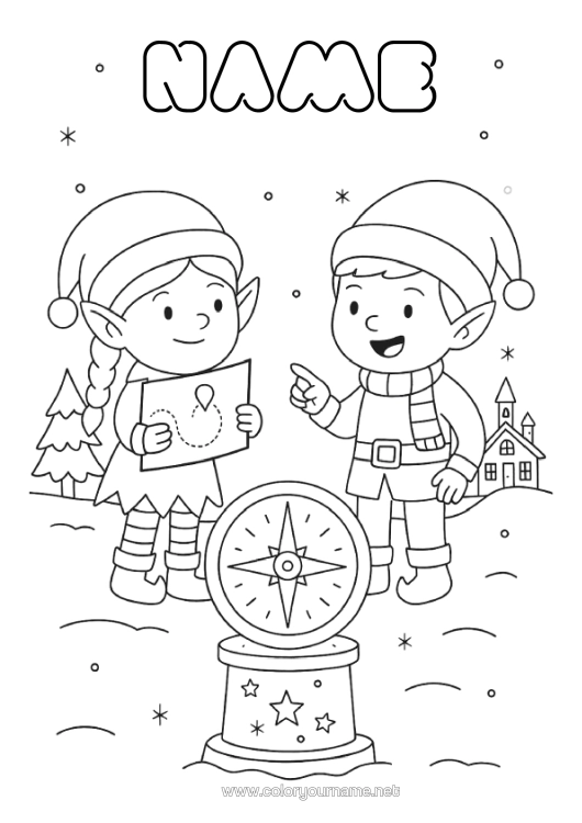 Coloring page to print Christmas Elves Elves Coloring Pages Compass North Pole