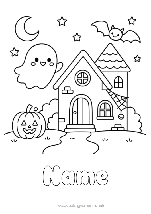 Colouring page to print Bat Ghost Pumpkin Cute House Birds And Flying Mammals Haunted Manor
