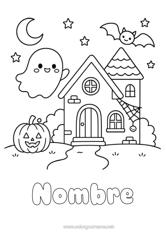 Dibujo para colorear para imprimir Murciélago Fantasma Calabaza Kawaii Casa Aves Y Mamíferos Voladores Manor Embrujado