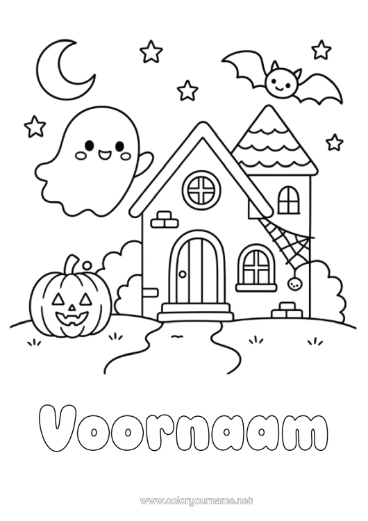 Kleurplaat om af te drukken Vleermuis Spook Pompoen Kawaii Huis Vogels En Vliegende Zoogdieren Spookhuis