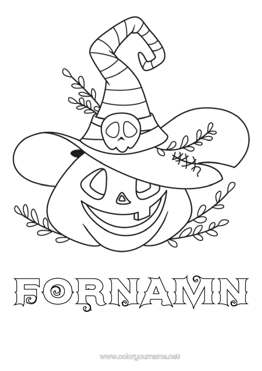 Färgläggningssida att skriva ut Pumpa Halloween Jack O'lantern Häxa Hatt