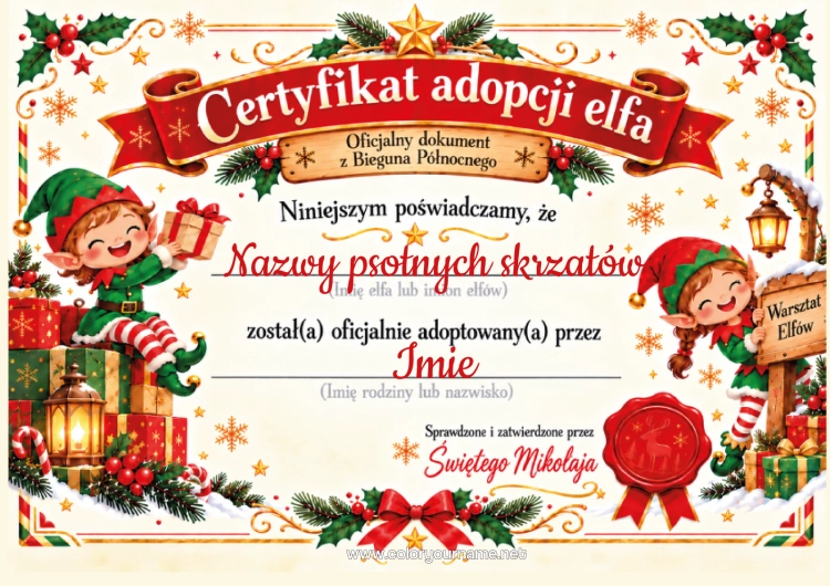 Kolorowanka do wydruku Oficjalna Adopcja Świątecznego Elfa Dokumenty Tożsamości Lutin Farceur