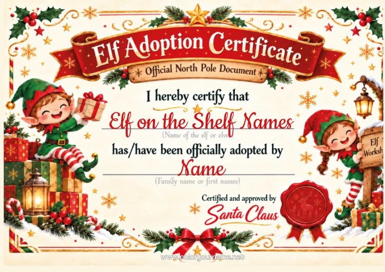 Coloring page to print Official Adoption Of A Christmas Elf Mischievous Elf Id Papers