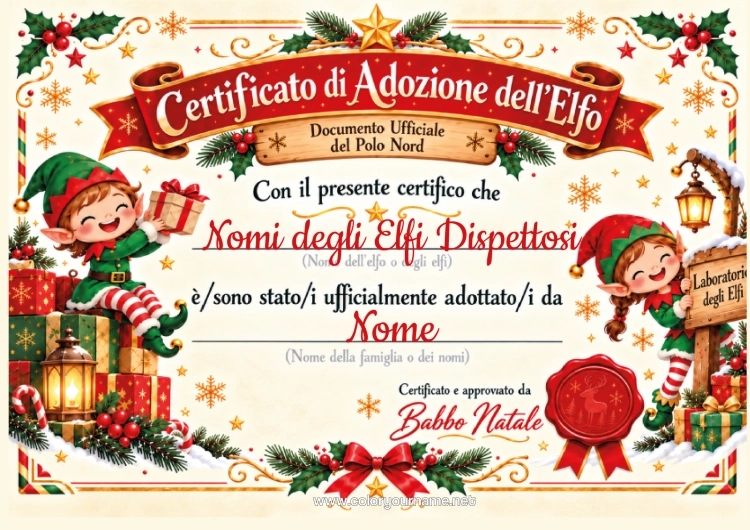 Pagina da colorare da stampare Adozione Ufficiale Di Un Elfo Di Natale Documenti D'identità Del Folletto Birichino
