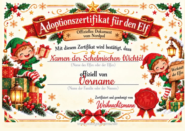 Malvorlage zum Ausdrucken Offizielle Adoption Eines Weihnachtswichtels Ausweis Des Scherzelfen