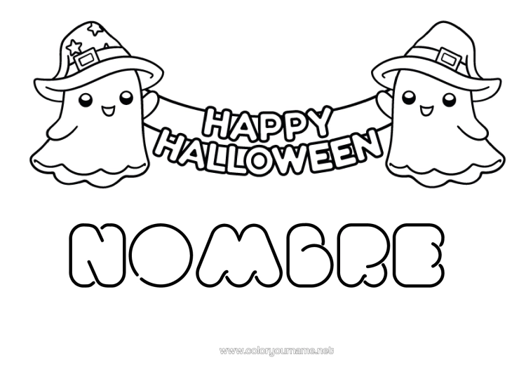 Dibujo para colorear para imprimir Fantasma Halloween Kawaii Dibujos Fáciles Para Colorear Inscripción "Halloween"