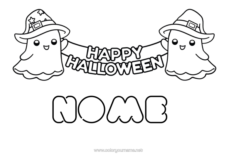 Página de desenho para imprimir Fantasma Halloween Kawaii Desenhos Para Colorir Fáceis Inscrição "Halloween"
