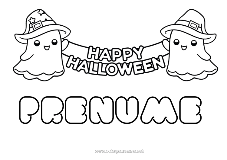 Pagină de colorat de imprimat Fantomă Halloween Drăguț Desene De Colorat Ușoare Înscriere "Halloween"