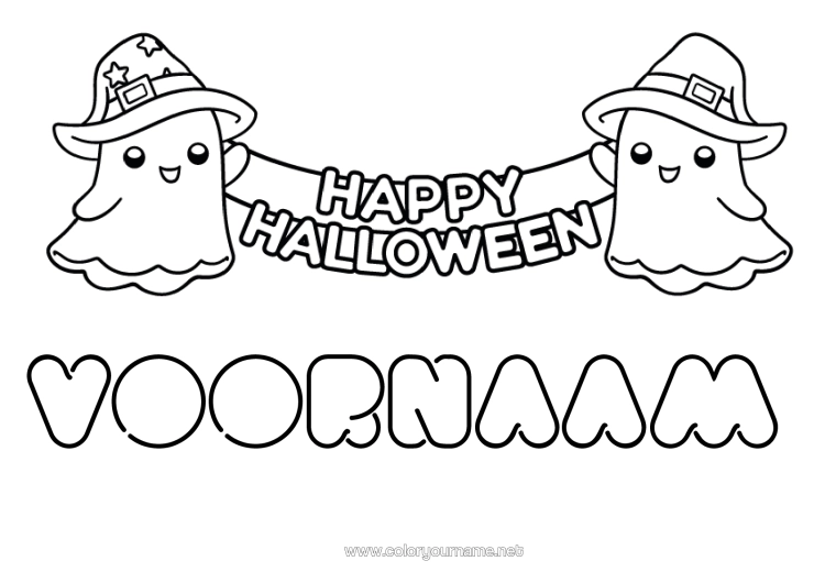Kleurplaat om af te drukken Spook Halloween Kawaii Eenvoudige Kleurplaten Inscriptie 'Halloween'