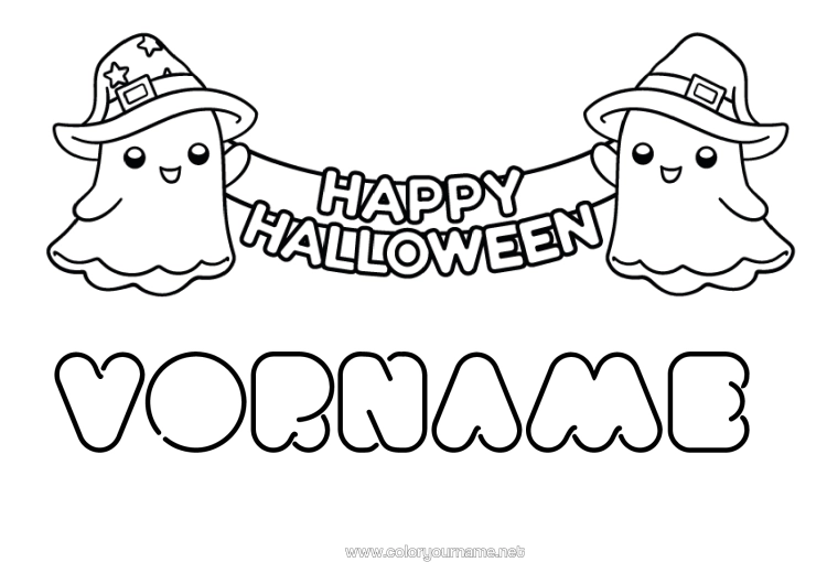Malvorlage zum Ausdrucken Geist Halloween Kawaii Einfache Ausmalbilder Beschriftung "Halloween"