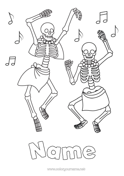 Coloring page to print Skeleton Dance Día De Los Muertos Music World Music Day Artistic Sports Musical Note