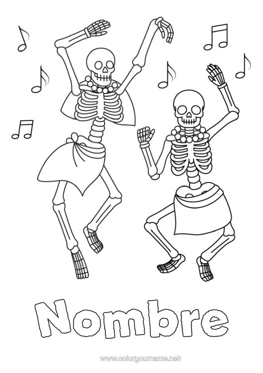 Dibujo para colorear para imprimir Esqueleto Danza Día De Los Muertos Música Día Mundial De La Música Deportes Artísticos Nota Musical