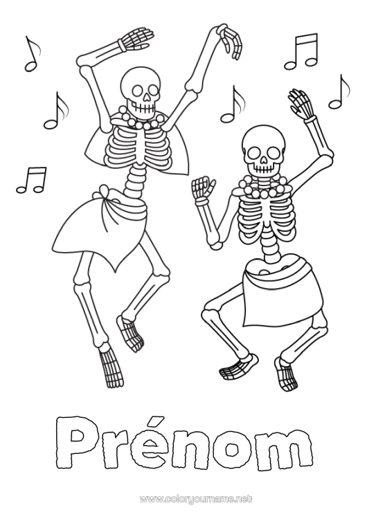 Coloriage à imprimer Squelette Danse Día De Los Muertos Musique Fête De La Musique Sports Artistiques Note De Musique