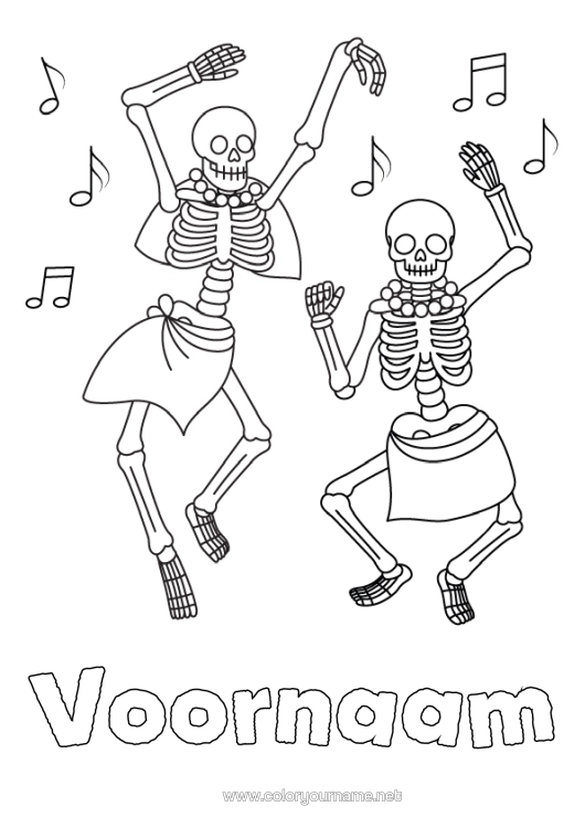 Kleurplaat om af te drukken Skelet Dans Dia De Los Muertos Muziek Muziekfestival Artistieke Sporten Muzieknoot
