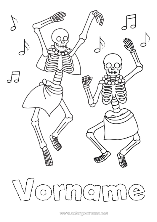 Malvorlage zum Ausdrucken Skelett Tanz Día De Los Muertos Musik Musikfest Künstlerischer Sport Musiknote