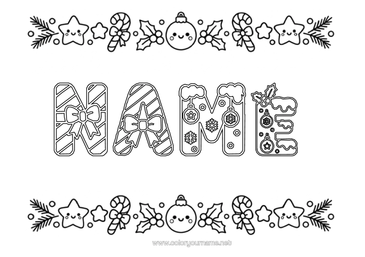 Coloring page to print Christmas Kawaii Christmas Bauble Candy Cane Mistletoe Decorated Name