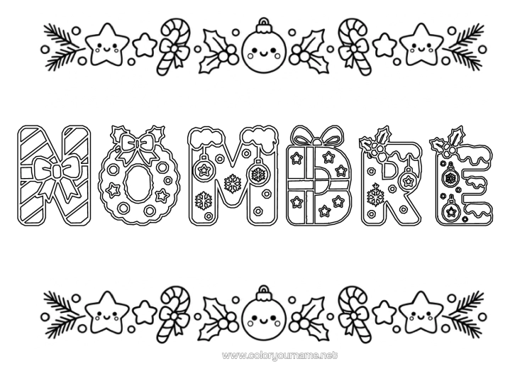 Dibujo para colorear para imprimir Navidad Kawaii Bolas De Navidad Bastón De Caramelo Muérdago Nombre Decorado