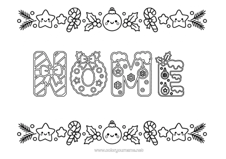 Página de desenho para imprimir Natal Kawaii Bola De Natal Bengala De Natal Visco Nome Decorado
