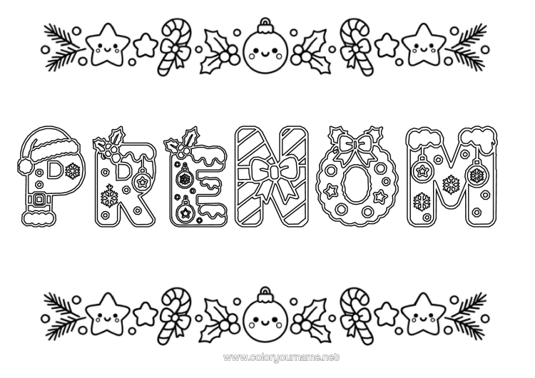 Coloriage à imprimer Noël Kawaii Boule De Noël Sucre D'orge Gui Nom Décoré