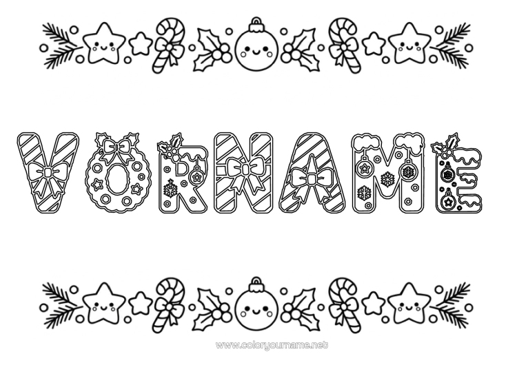 Malvorlage zum Ausdrucken Weihnachten Kawaii Weihnachtskugel Pfefferminz Mistel Dekorierter Name