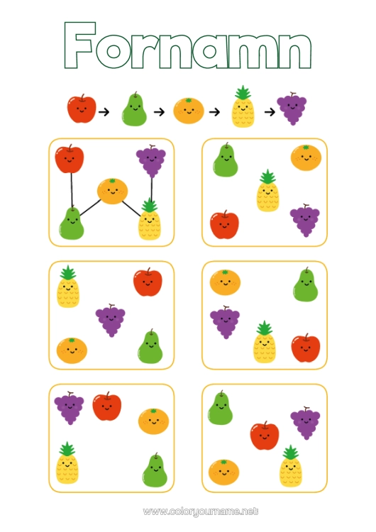 Färgläggningssida att skriva ut Barnaktiviteter Ananas Frukter Päron Druva Äpple Aprikos Logikspel Logisk Följd