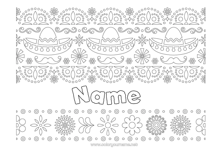 Coloring page to print Día De Los Muertos Mexico Cinco De Mayo Sombrero Decorative Background