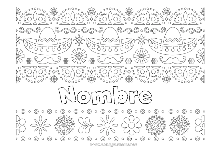 Dibujo para colorear para imprimir Día De Los Muertos México Cinco De Mayo Sombrero Fondo Decorativo