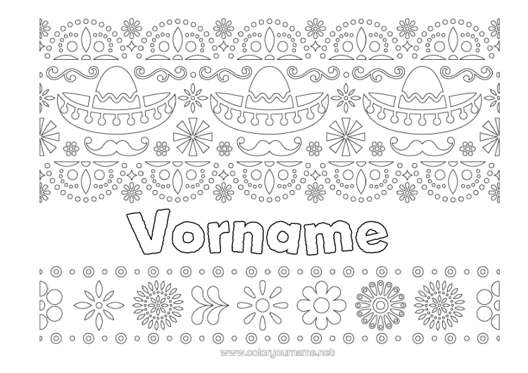 Malvorlage zum Ausdrucken Día De Los Muertos Mexiko Cinco De Mayo Sombrero Dekorativer Hintergrund