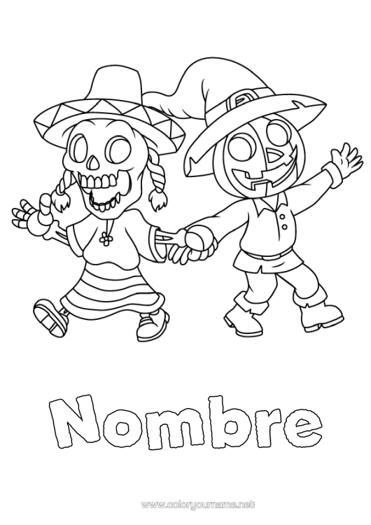 Dibujo para colorear para imprimir Monstruo Esqueleto Halloween Día De Los Muertos Sombrero