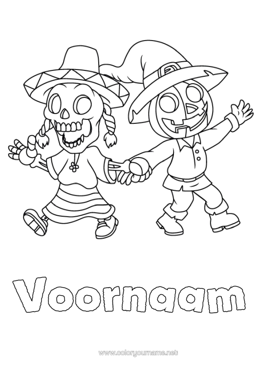 Kleurplaat om af te drukken Monster Skelet Halloween Dia De Los Muertos Sombrero