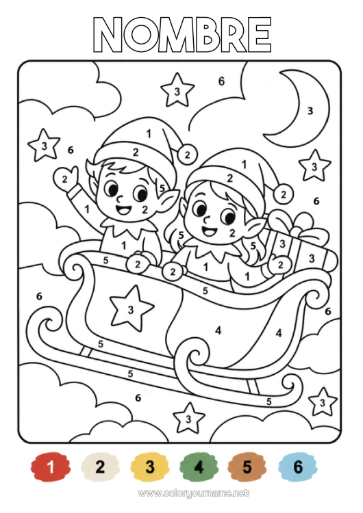 Dibujo para colorear para imprimir Trineo Elfos De Navidad Colorear Por Números Dibujos De Elfos Para Colorear Varios Duendes Traviesos