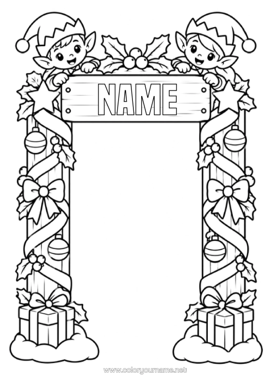 Colouring page to print Gifts Christmas Elves Door Christmas Elf Door