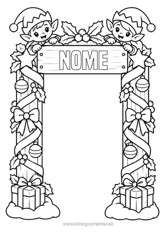 Pagina da colorare da stampare Regali Elfo Di Natale Porta Porta Del Folle Di Natale