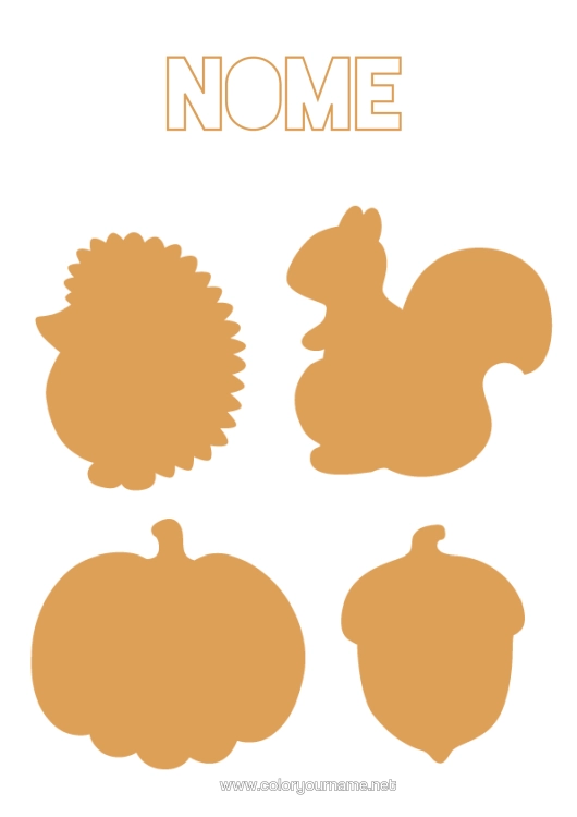 Pagina da colorare da stampare Zucca Riccio Scoiattolo Autunno Attività Per Bambini Animali Della Foresta Ghianda Silhouette