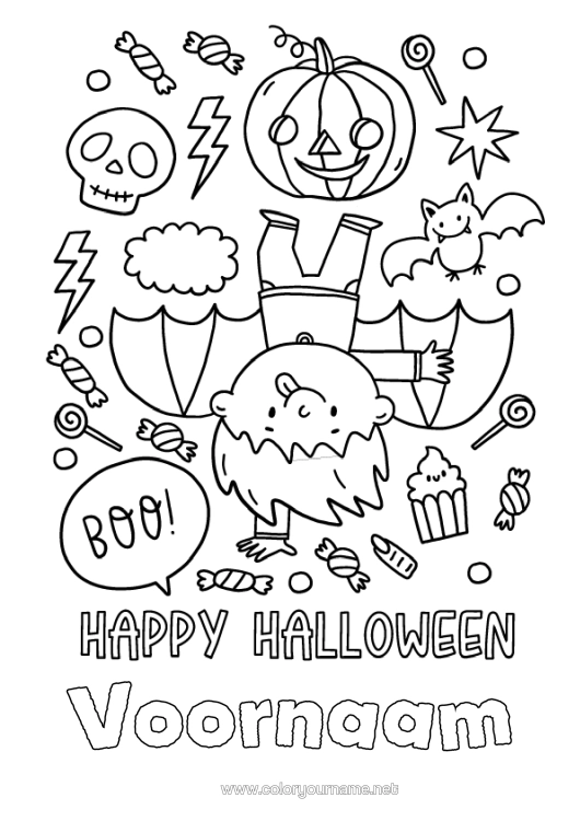 Kleurplaat om af te drukken Vampier Pompoen Snoep Of Een Spreuk? Halloween Inscriptie 'Halloween' Boe