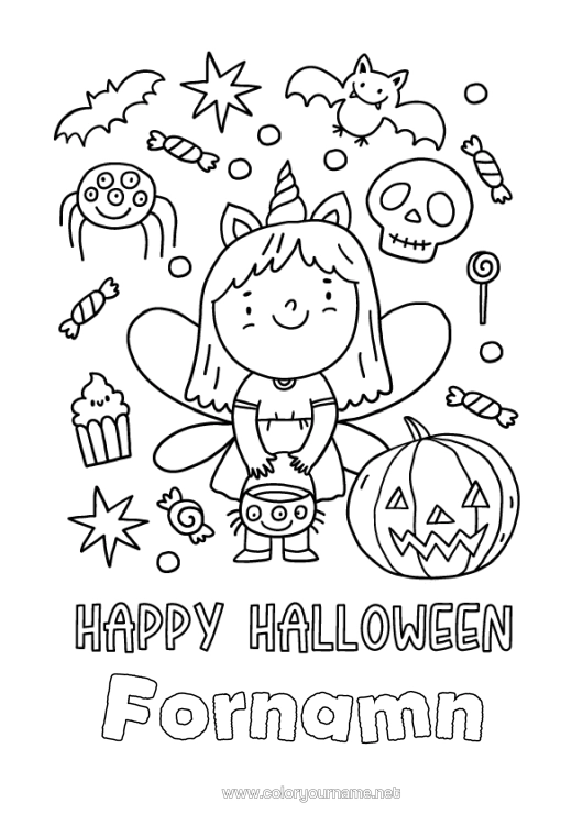 Färgläggningssida att skriva ut Utklädnad Pumpa Ett Godis Eller Ett Spratt? Halloween Flicka Älva Anmälan "Halloween"